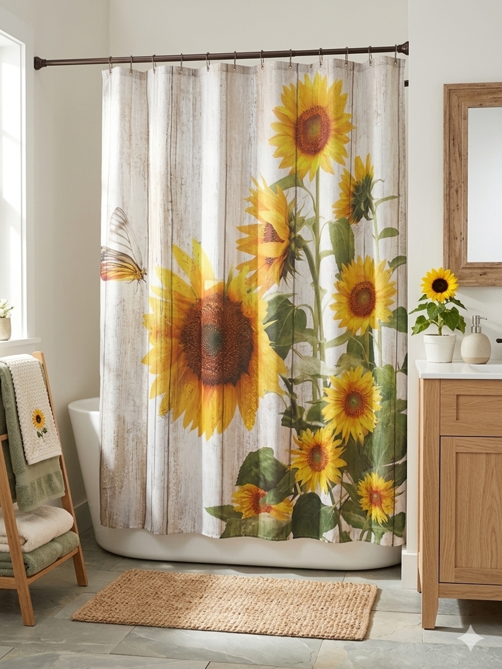 Rustic Sunflower & Butterfly Fabric Shower Curtain - 72" x 72" NEW
